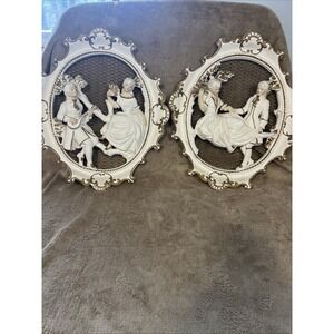 Pair Universal Statuary Corp Victorian Couple Wall Plaque 1957 Chalkware